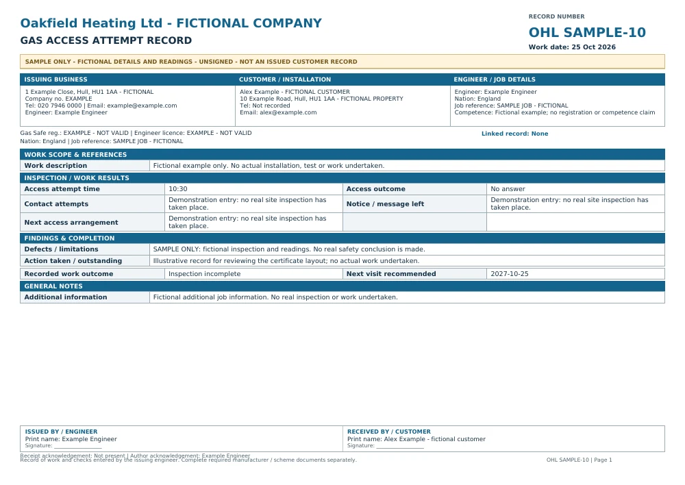 Fictional, unsigned Oakfield Heating gas access sample with SAMPLE markings