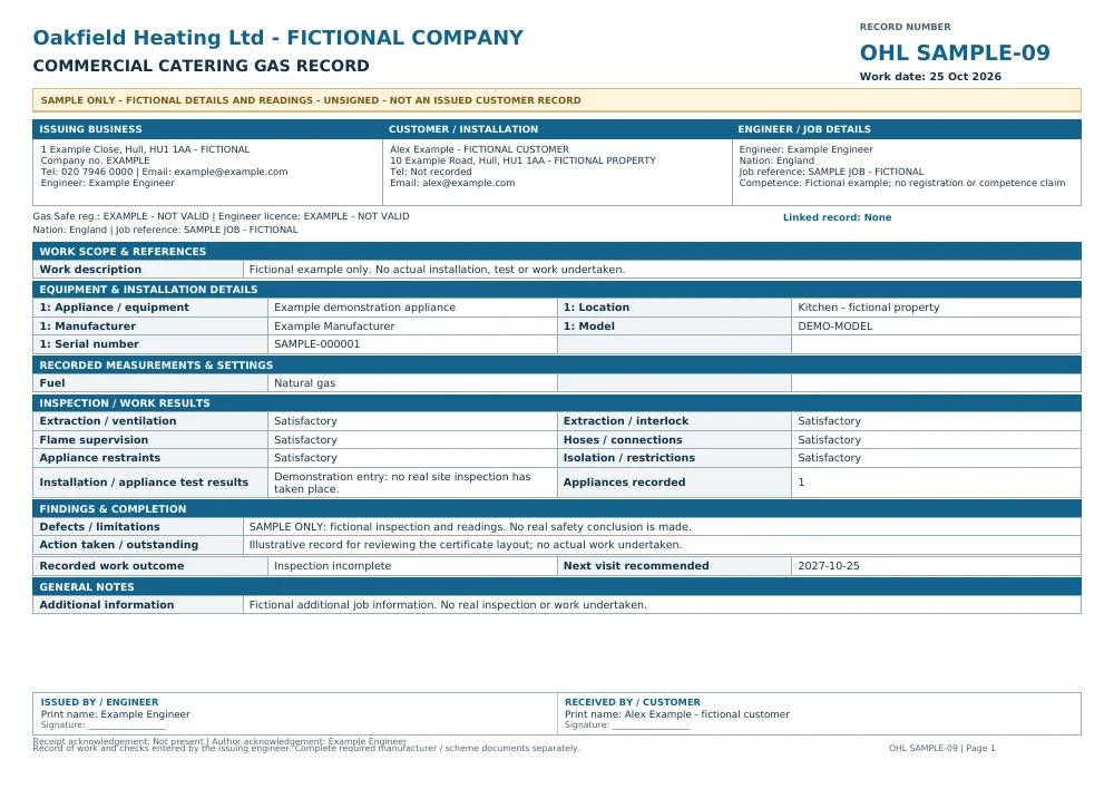 Fictional, unsigned Oakfield Heating gas catering sample with SAMPLE markings