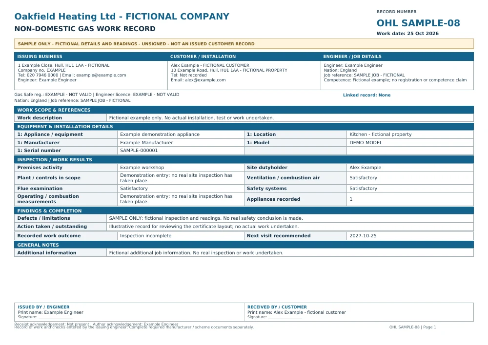 Fictional, unsigned Oakfield Heating gas commercial sample with SAMPLE markings