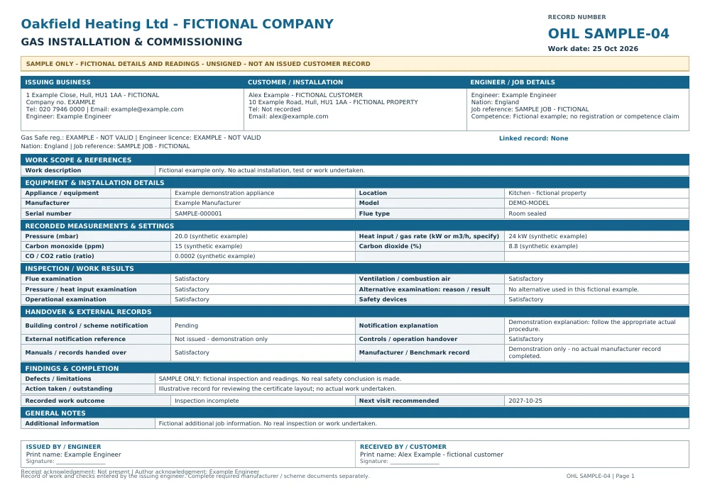 Fictional, unsigned Oakfield Heating gas commissioning sample with SAMPLE markings