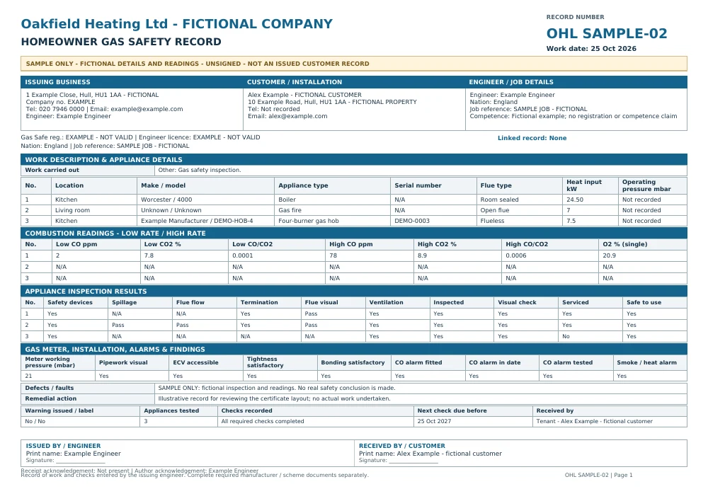Fictional, unsigned Oakfield Heating Homeowner record with company details with SAMPLE markings