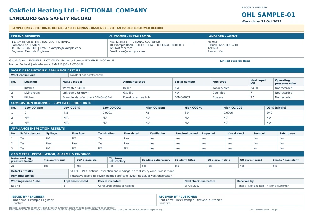 Fictional, unsigned Oakfield Heating Landlord gas safety record sample with SAMPLE markings