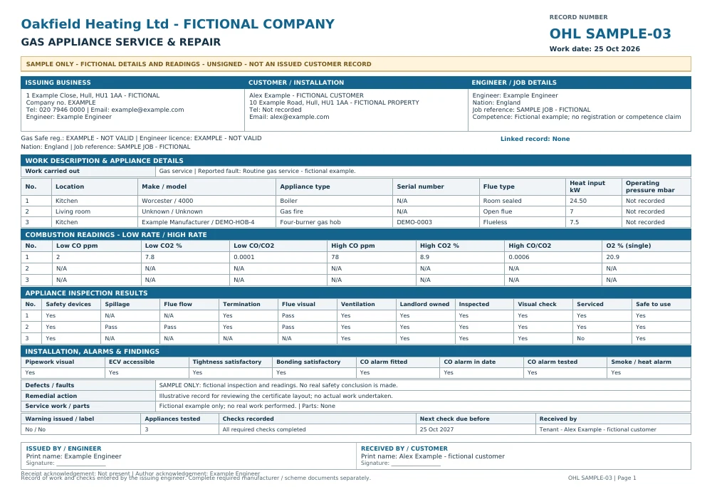 Fictional, unsigned Oakfield Heating gas service sample with SAMPLE markings