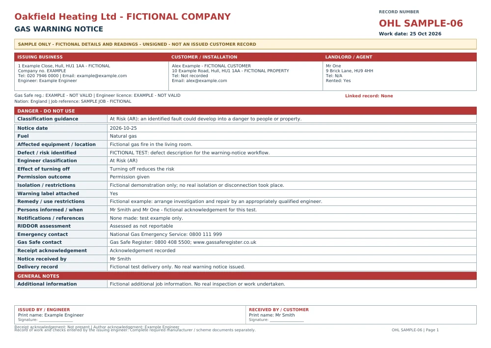 Fictional, unsigned Oakfield Heating gas warning sample with SAMPLE markings