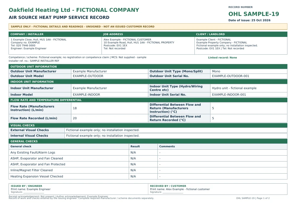 Fictional, unsigned Oakfield Heating heatpump service sample with SAMPLE markings