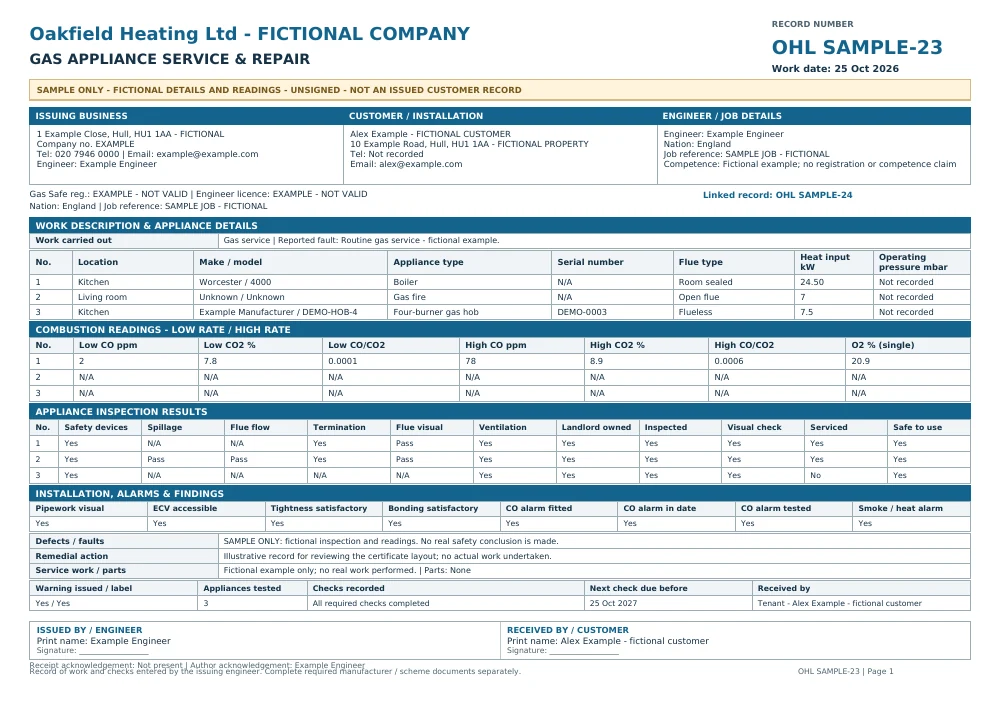 Fictional, unsigned Oakfield Heating linked service and warning sample with SAMPLE markings