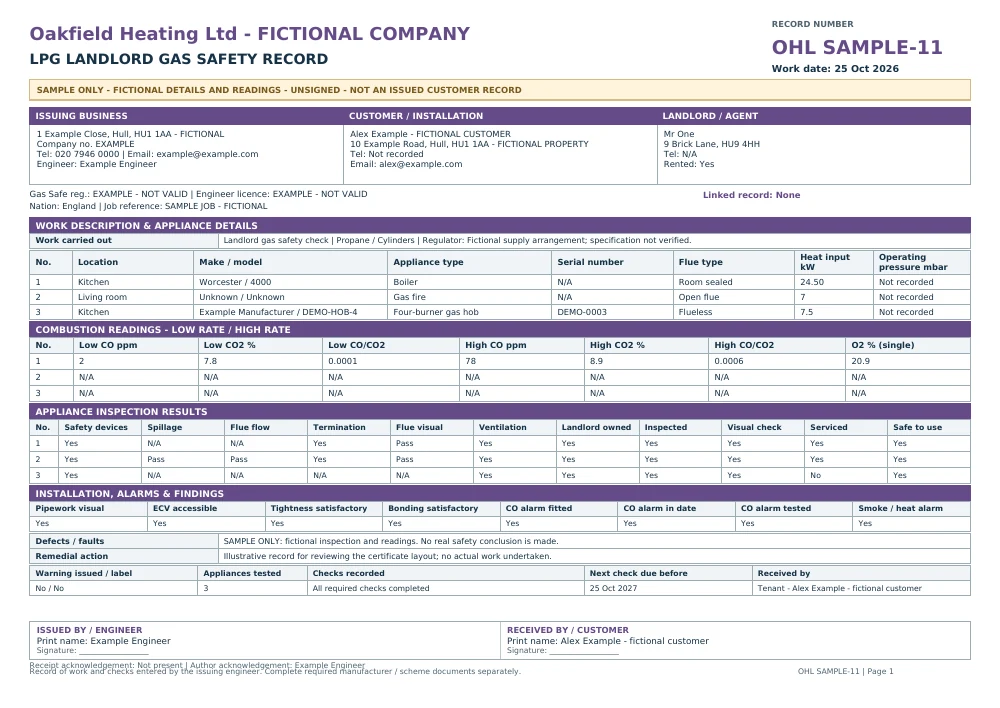 Fictional, unsigned Oakfield Heating lpg landlord sample with SAMPLE markings
