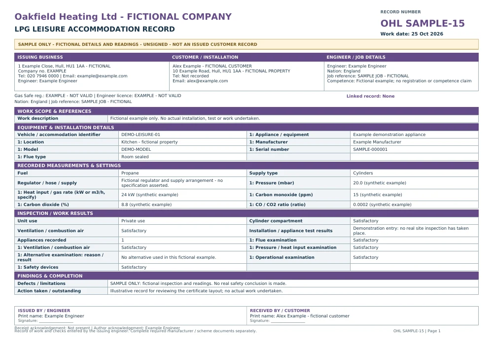 Fictional, unsigned Oakfield Heating lpg leisure sample with SAMPLE markings