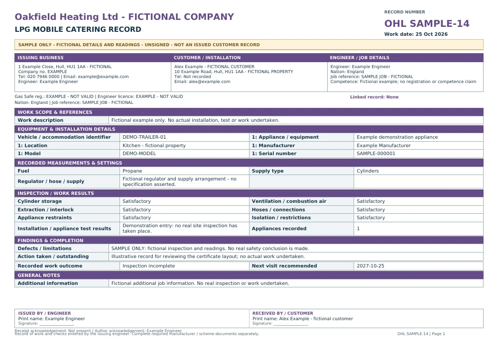 Fictional, unsigned Oakfield Heating lpg mobile sample with SAMPLE markings