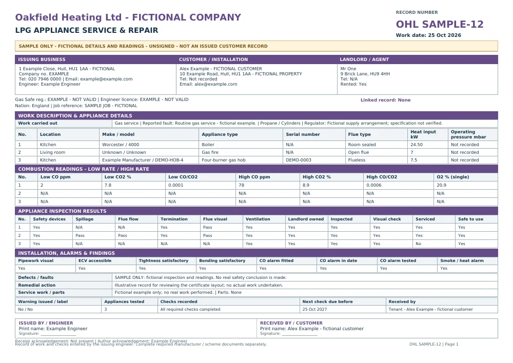 Fictional, unsigned Oakfield Heating lpg service sample with SAMPLE markings