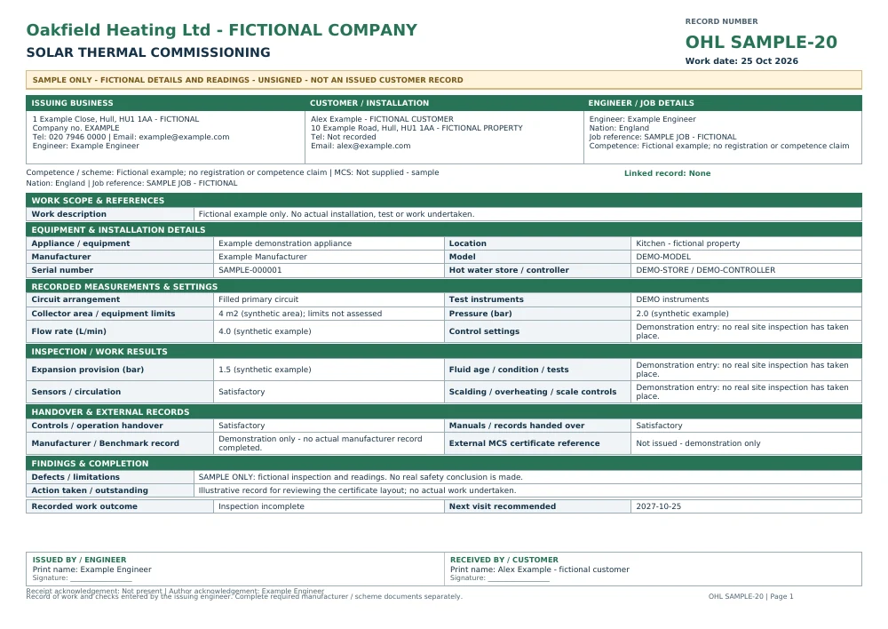 Fictional, unsigned Oakfield Heating solar commission sample with SAMPLE markings