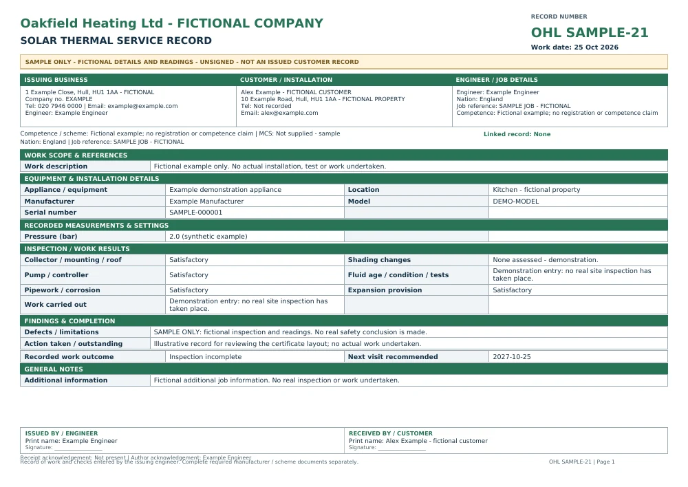 Fictional, unsigned Oakfield Heating solar service sample with SAMPLE markings