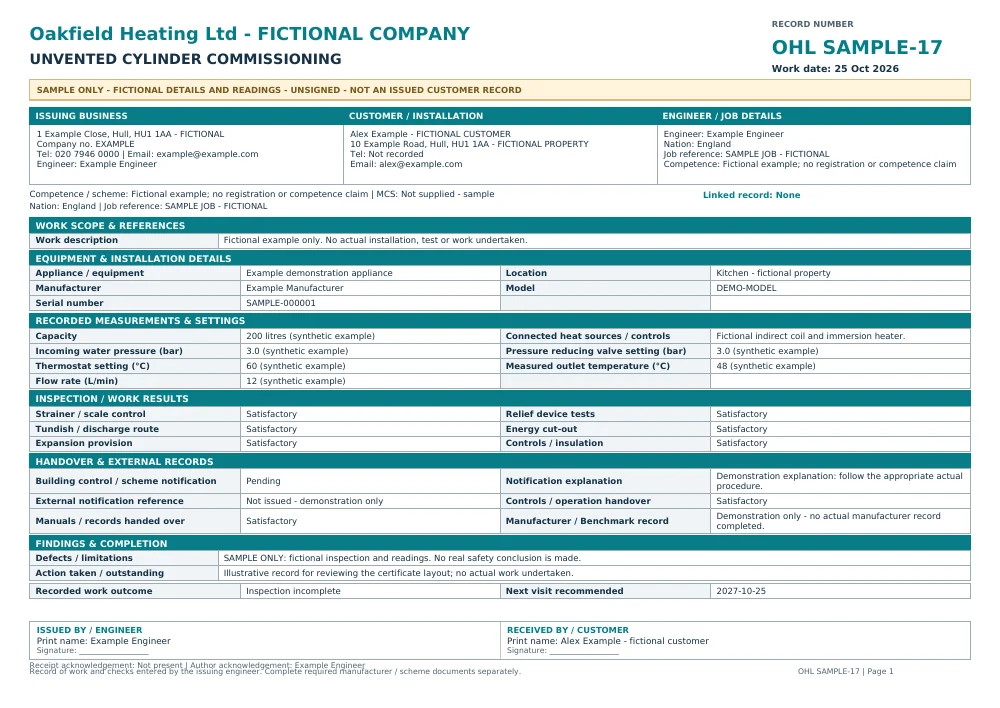 Fictional, unsigned Oakfield Heating unvented commission sample with SAMPLE markings