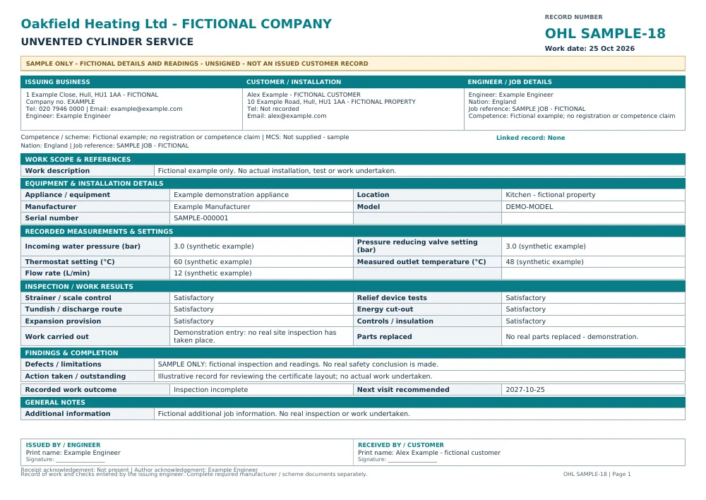 Fictional, unsigned Oakfield Heating unvented service sample with SAMPLE markings