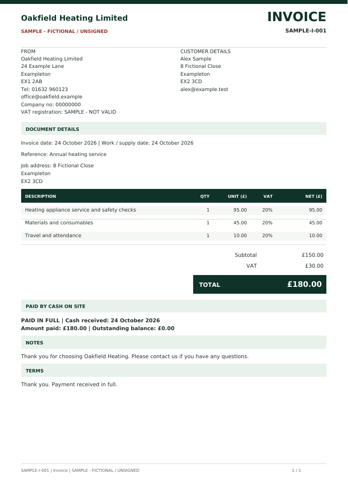 Fictional cash-paid invoice with no bank details