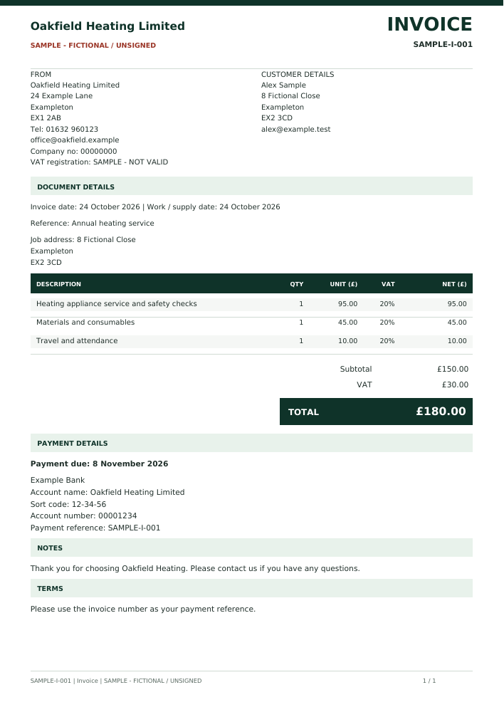 Fictional Oakfield invoice sample